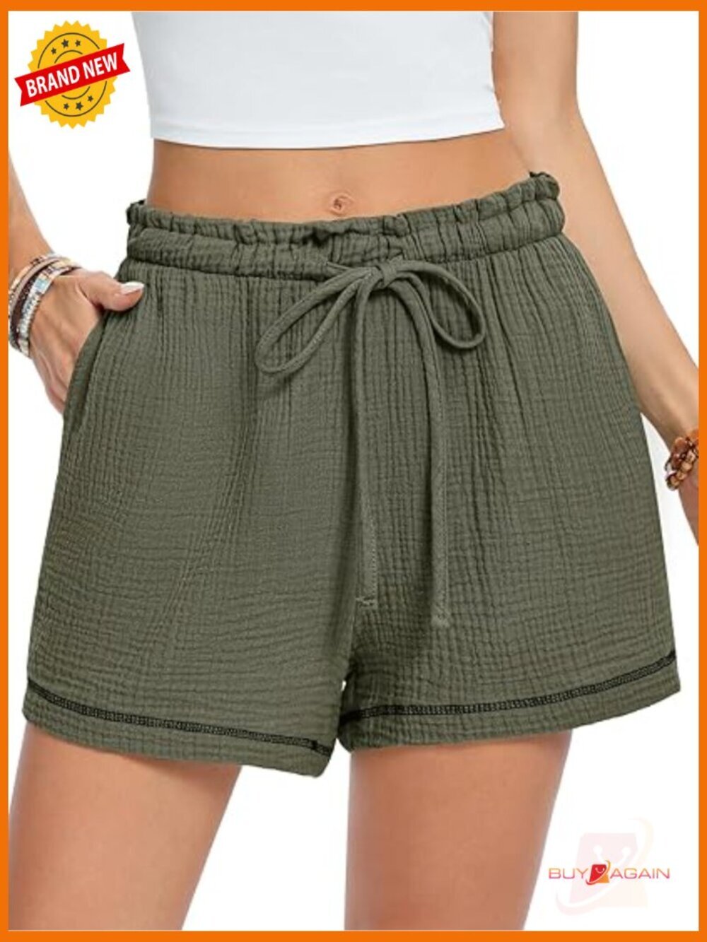 Casual Cotton Shorts with Pockets Elastic Waist Summer Beach Pull On